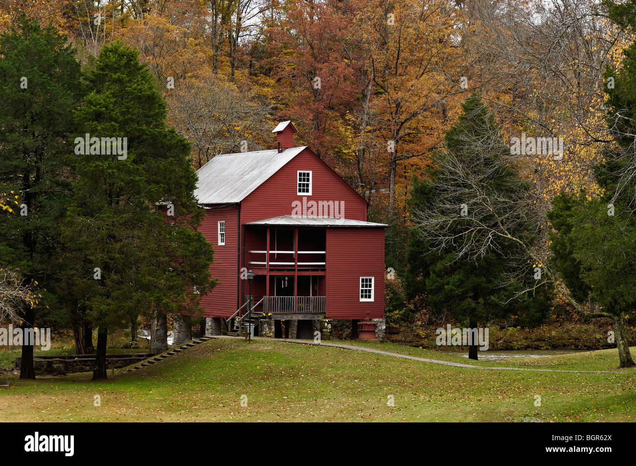 Autumn Color and York Grist Mill in Pall Mall, tennessee Stock Photo