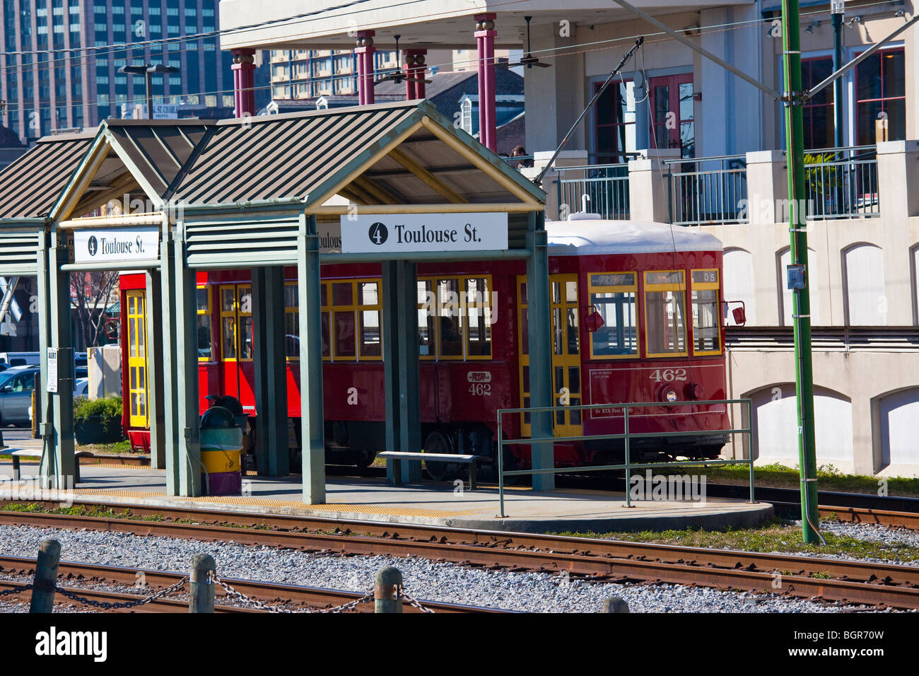 Streetcar at the Toulouse Street stop in the French Quarter of New Orleans LA Stock Photo