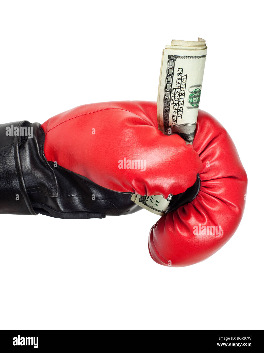 Boxing glove holding dollar bills isolated on white background Stock