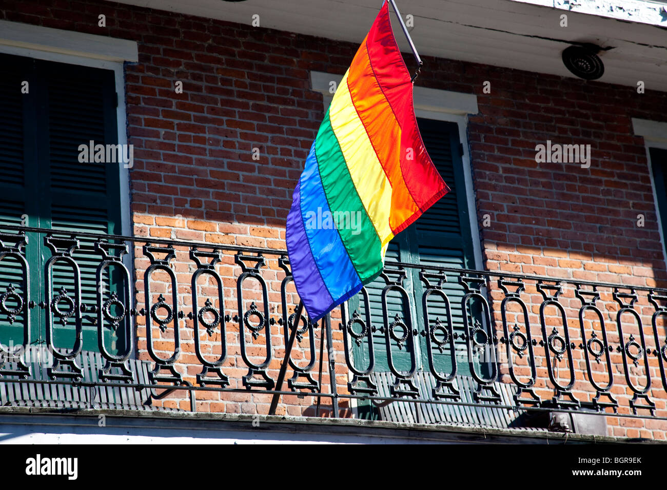 Rainbow flag outside a gay bar in the French Quarter of New Orleans, LA Stock Photo