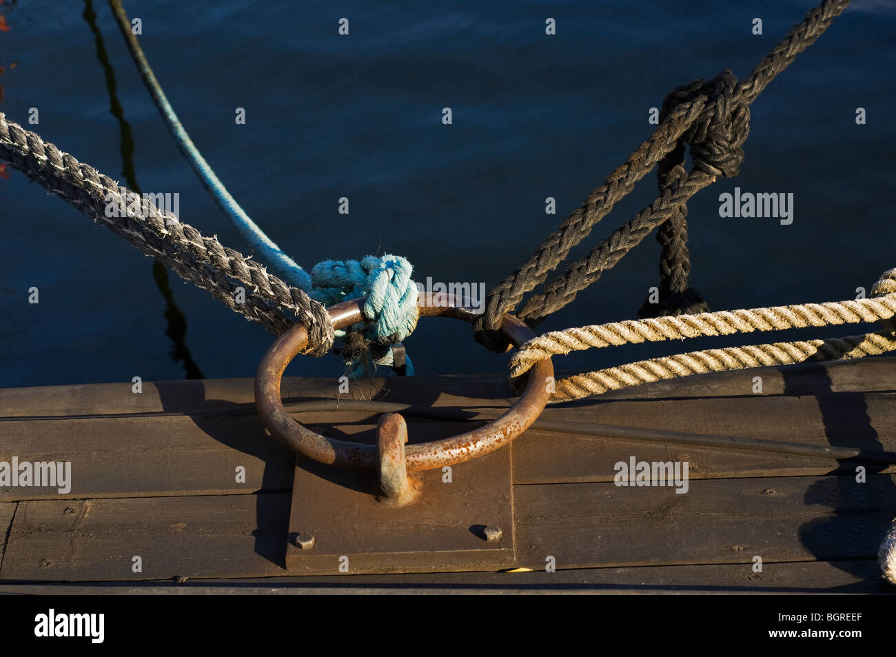 Mooring ring with ropes, Sweden. Stock Photo