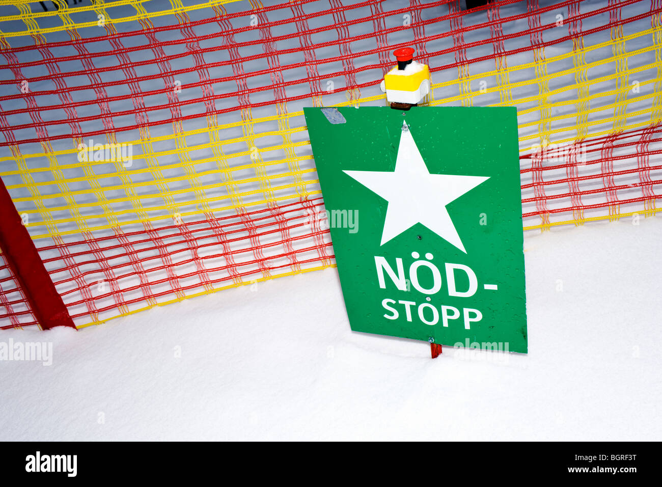 An emergency stop button by a skilift, Sweden. Stock Photo