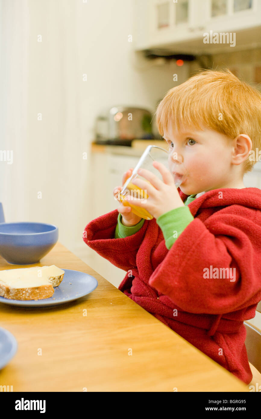 A little boy having breakfast, Sweden. Stock Photo