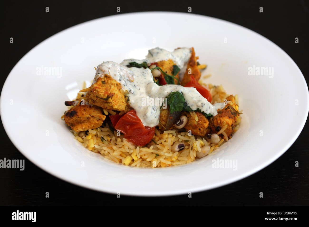 Fresh North Indian Achari Chicken Curry Kebabs with Pilau Rice And