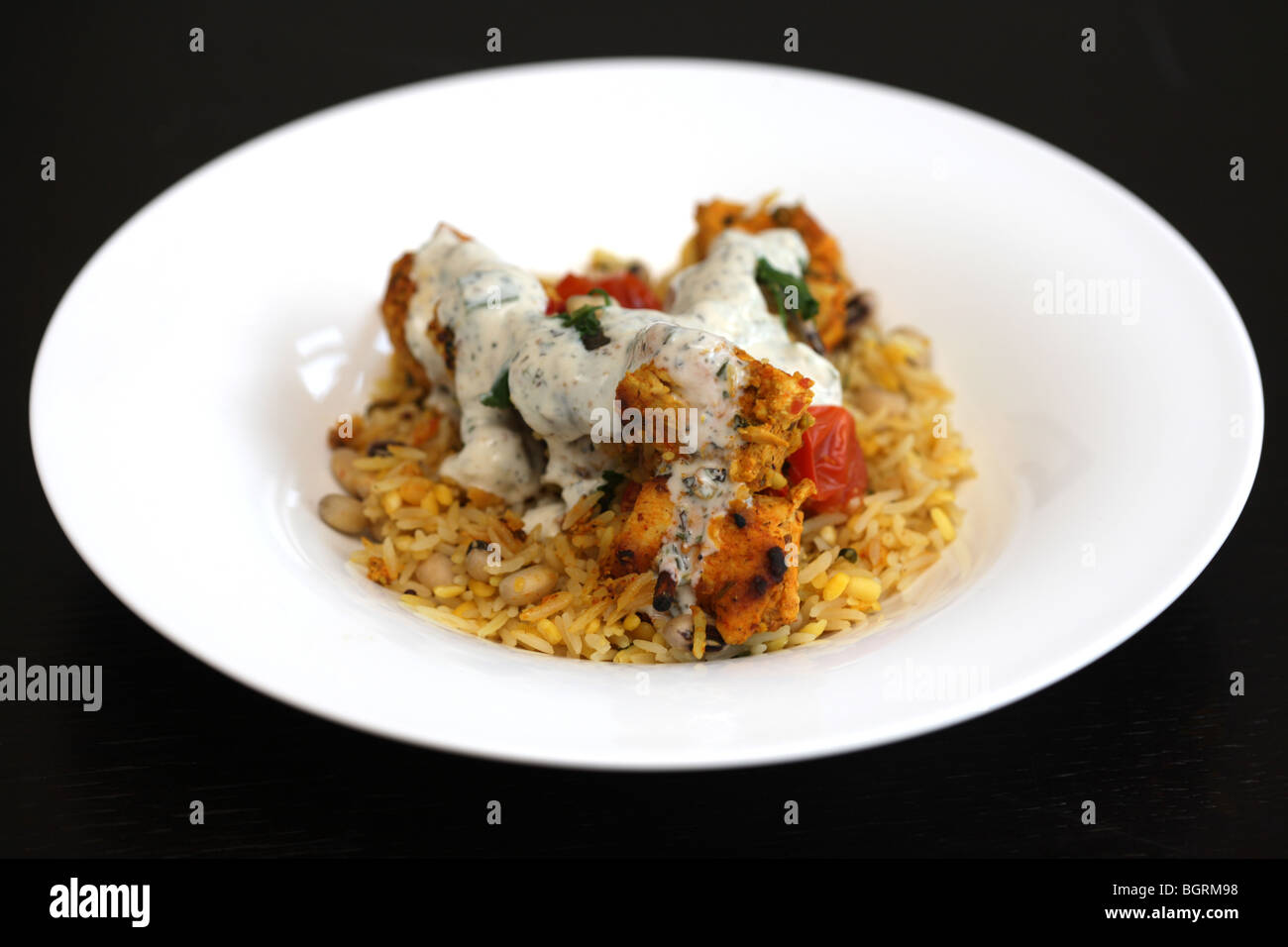 Fresh North Indian Achari Chicken Curry Kebabs with Pilau Rice And