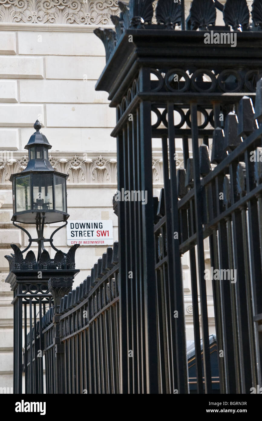 Downing Street road sign and security gates SW1 Stock Photo