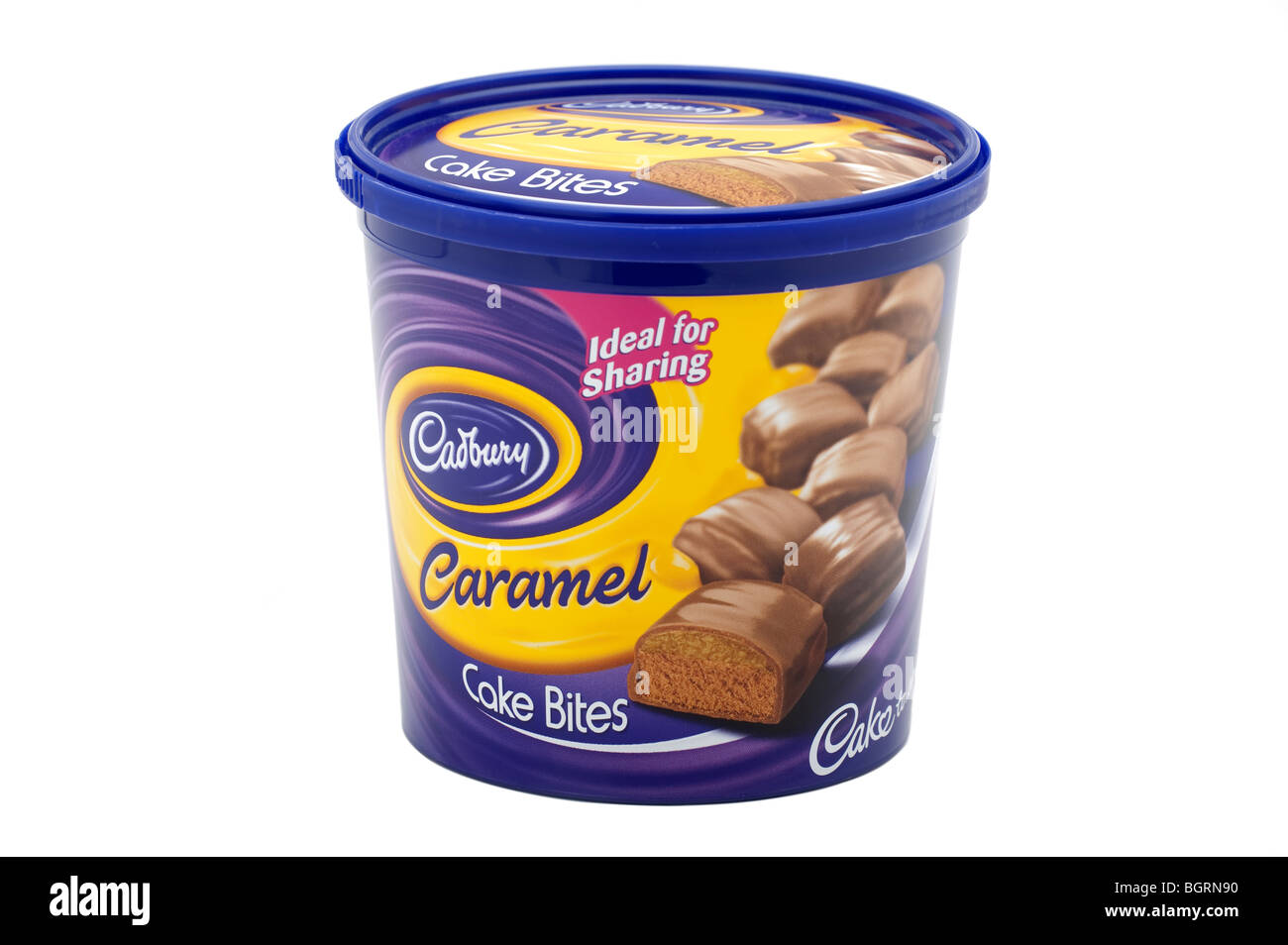Blue tub of Cadbury Caramel cake bites Stock Photo Alamy