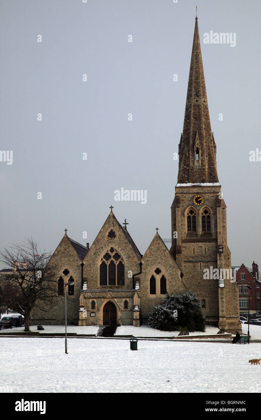 Early evening image of All Saints Church, after a day of heavy snow-fall, Blackheath, South East London. Stock Photo