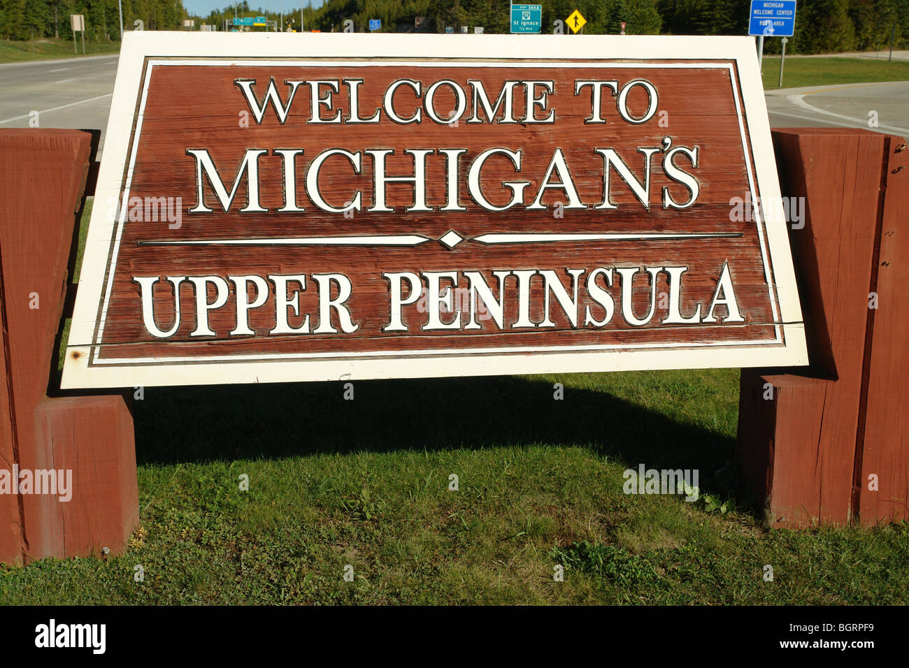 AJD62447, St Ignace, MI, Michigan, Upper Peninsula, sign Stock