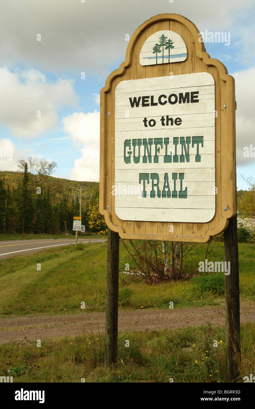 AJD62555, Grand Marais, MN, Minnesota, Lake Superior, North Shore, Welcome sign, Gunflint Trail, Scenic Byway, road sign Stock Photo