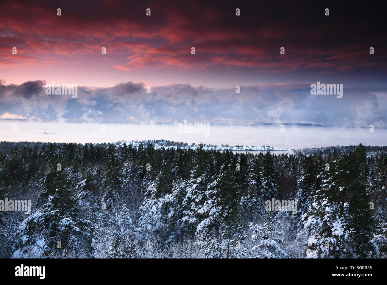 Winter landscape seen from Vardåsen in Rygge kommune, Østfold fylke ...