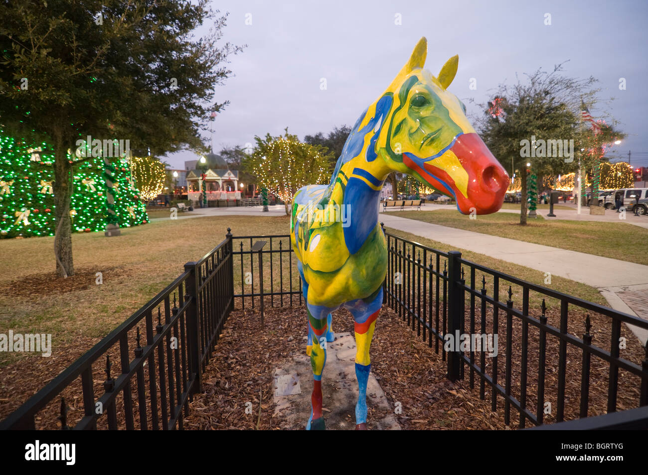 Painted horse sculpture on display downtown square Ocala Florida among