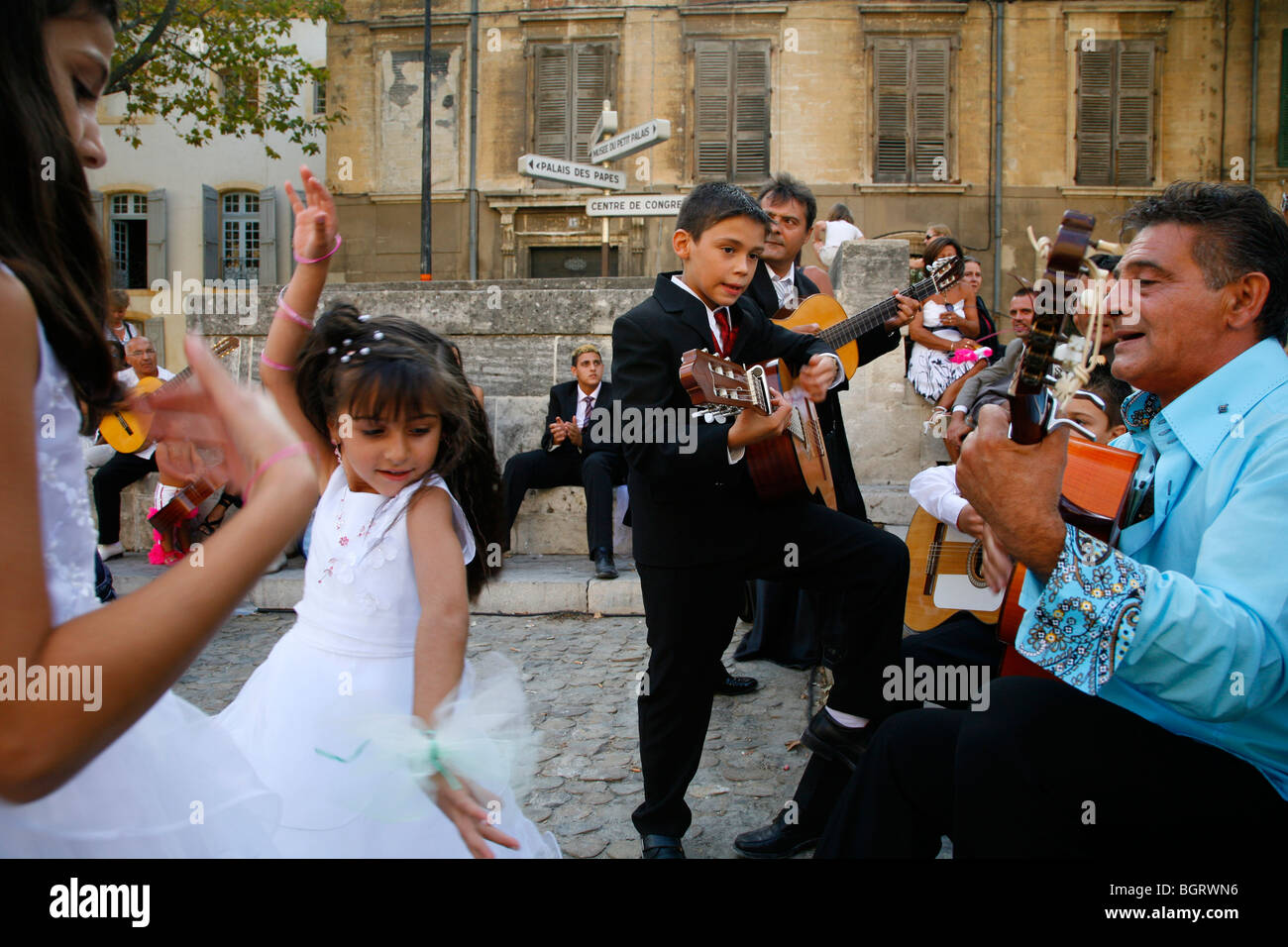 Group of Gypsies playing guitars, Avignon, Vaucluse Provence, France. Stock Photo