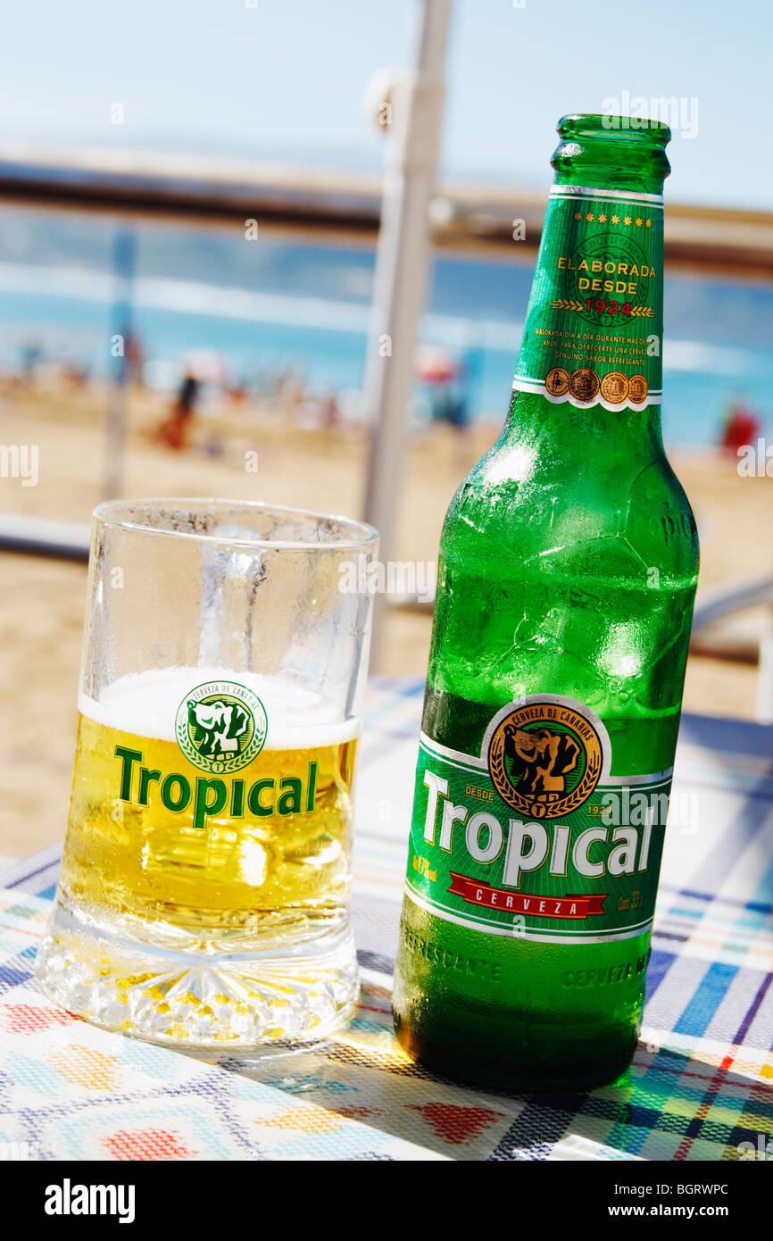 "Tropical cerveza, the locally brewed beer on Gran Canaria in the