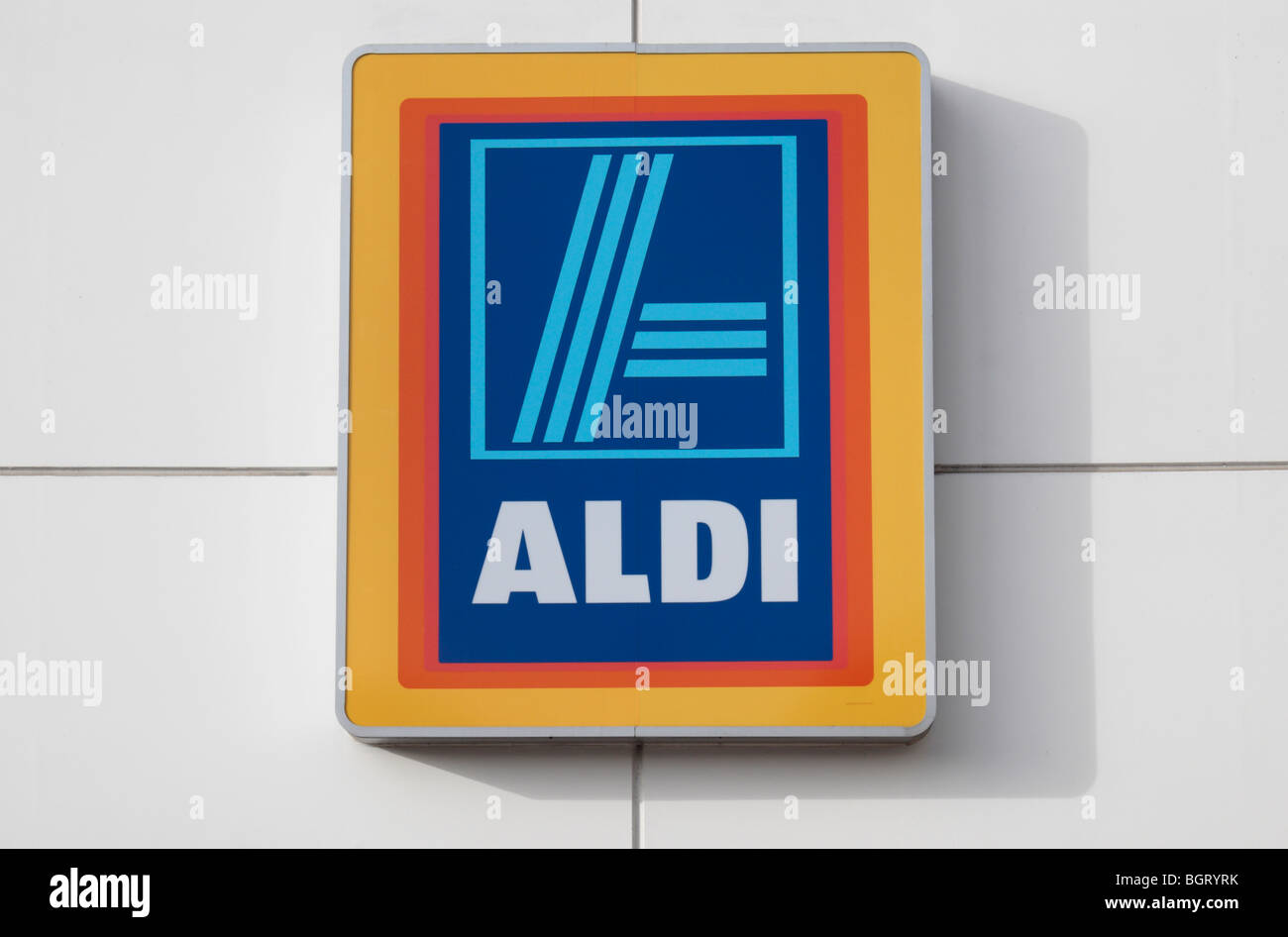 The Aldi logo sign outside a store in West London, UK. Stock Photo