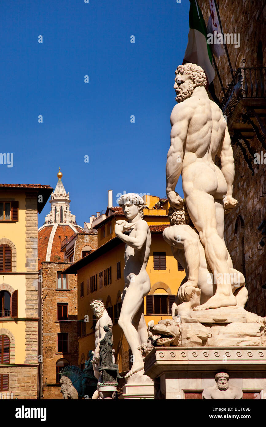 The big three - Hercules, David, Neptune statues at Palazzo Vecchio in Florence Tuscany Italy Stock Photo