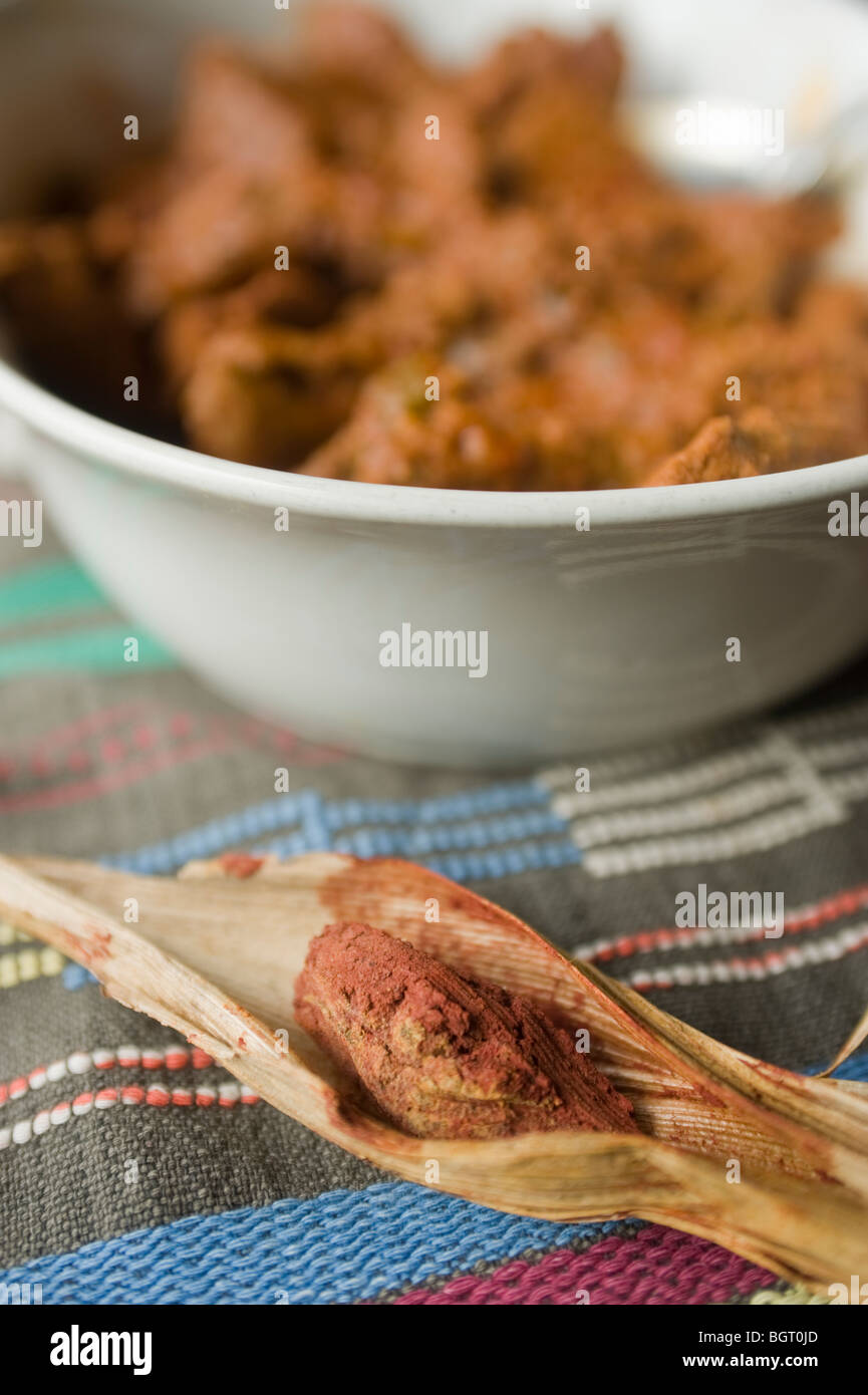 Dried Achiote seed pod in front of a Honduran venison dish that uses the spice from the seeds to give it flavour and colour. Honduras. Stock Photo