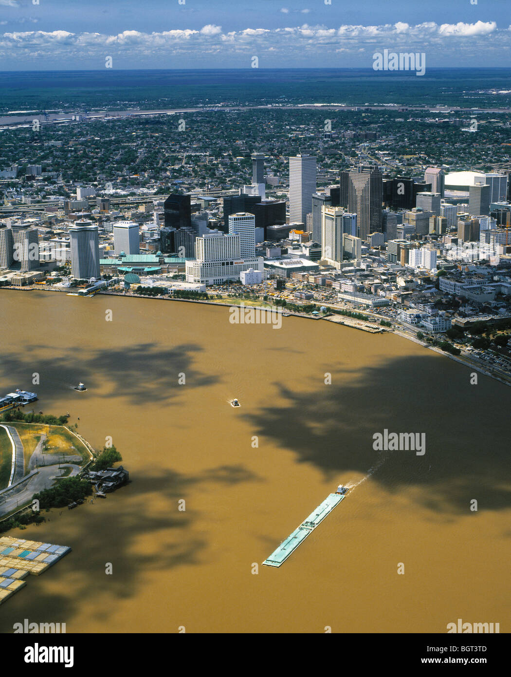 aerial view above barge Mississippi river New Orleans Louisiana Stock