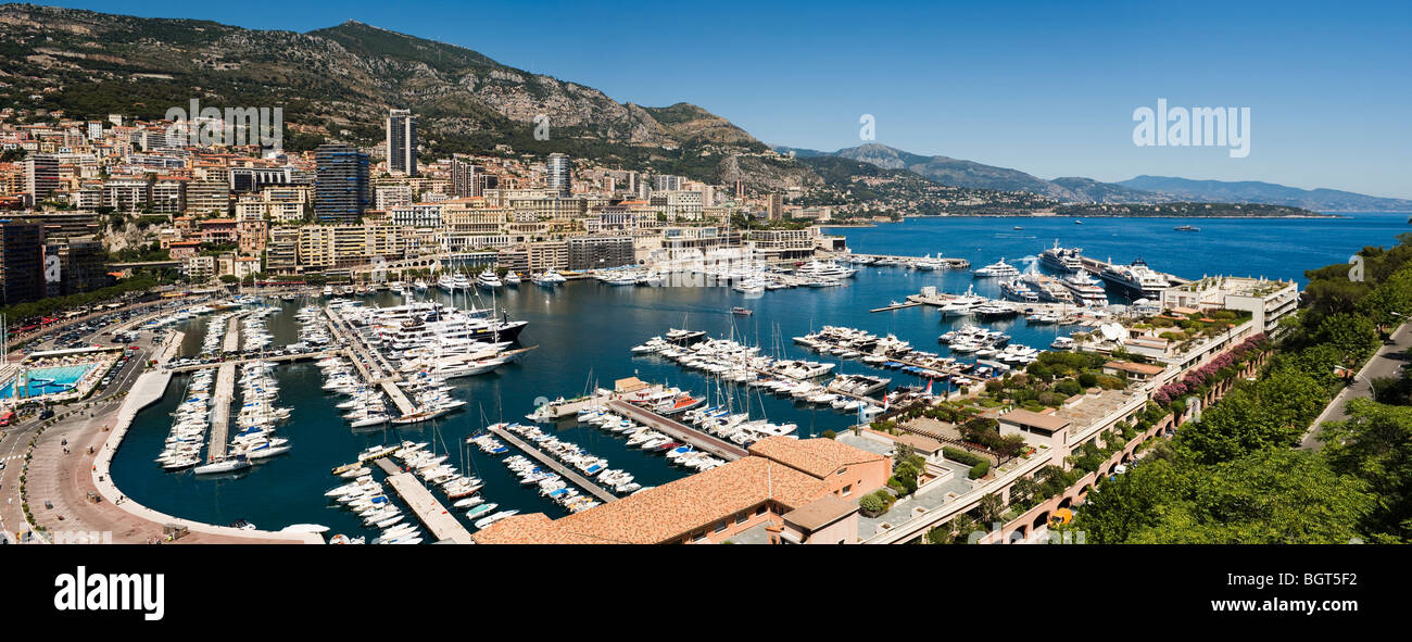 Ultra wide Panorama of the harbour and town of Monaco and Monte Carlo Stock Photo