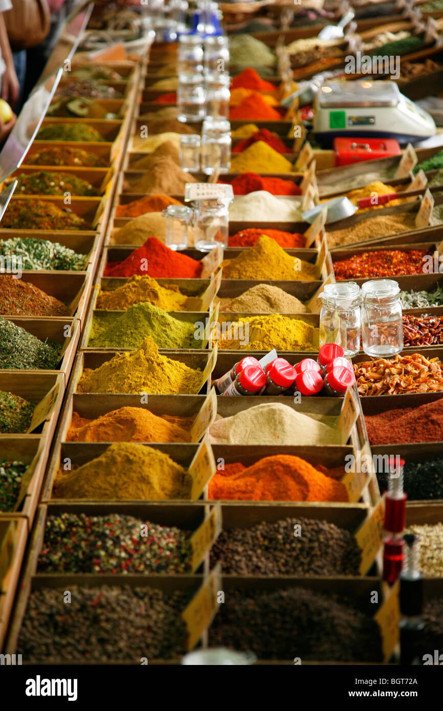 Spice stall at the Cours Massena market in the old town, Antibes, Alpes Maritimes, Provence, France. Stock Photo