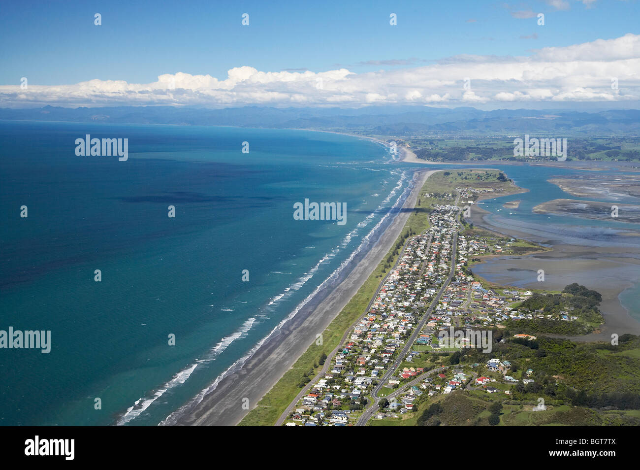 Ohope Beach, Bay of Plenty, North Island, New Zealand - aerial Stock Photo