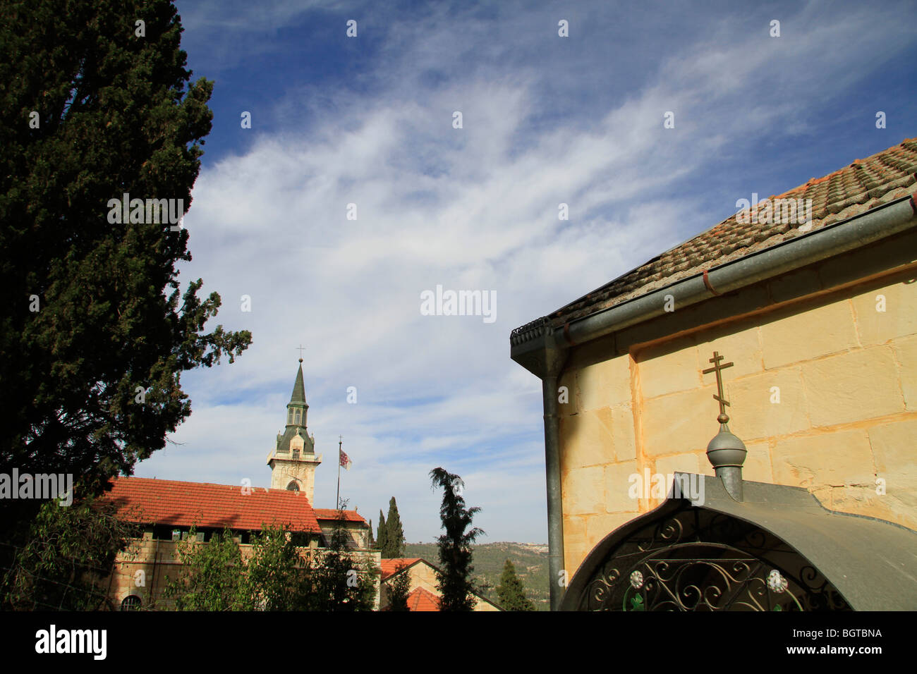 Israel, Ein Karem, the Franciscan Church of the Visitation as seen from the Russian Orthodox convent Stock Photo