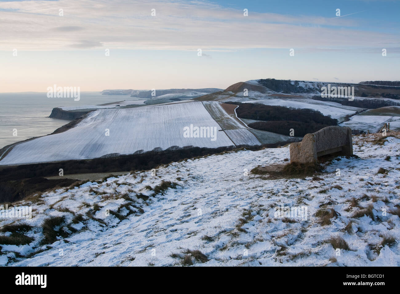Snow-covered view of the Jurassic Coast from Houns-tout, Dorset, UK Stock Photo
