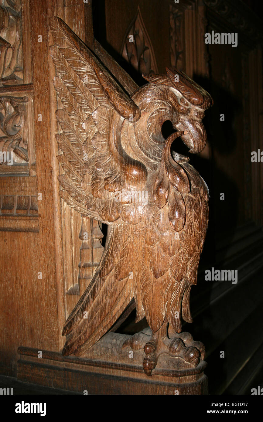 Carved Liver Bird On A Choir Stall In Liverpool's Anglican Cathedral, Merseyside, UK Stock Photo