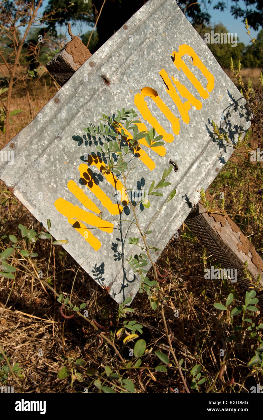 No Entry sign, near Nyamepi Camp, Mana Pools National Park, Zimbabwe Stock Photo