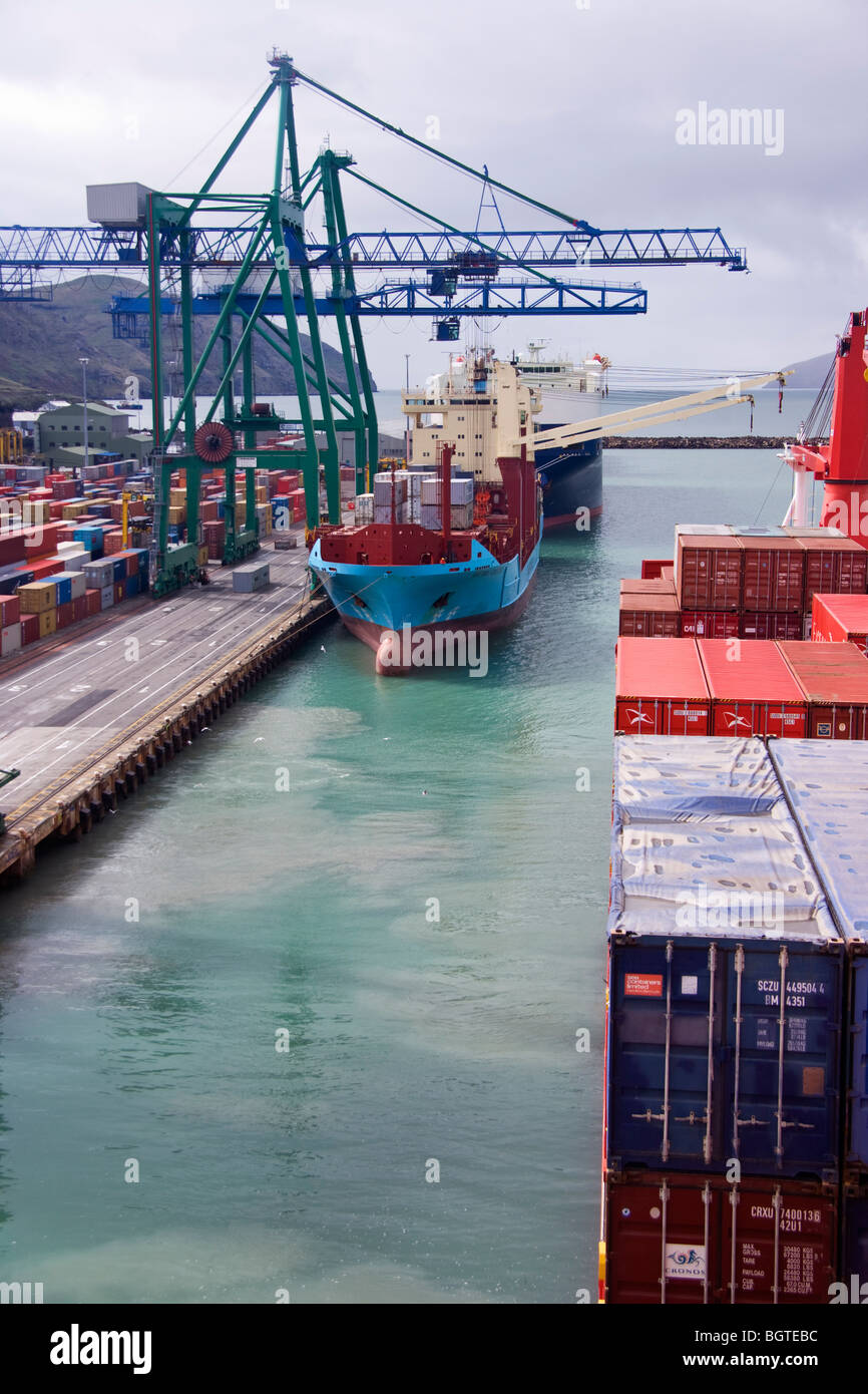 Shipping alongside the quay as viewed from a ship leaving her berth, Lyttelton. New Zealand Stock Photo