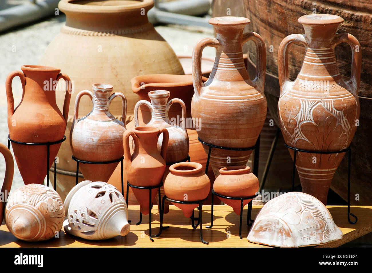 Traditional clay pots on display outside a shop in Cyprus Stock Photo