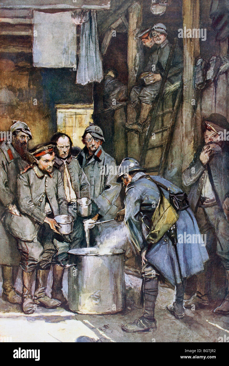 German prisoners of war serving themselves food in POW camp barracks during First World War. Stock Photo