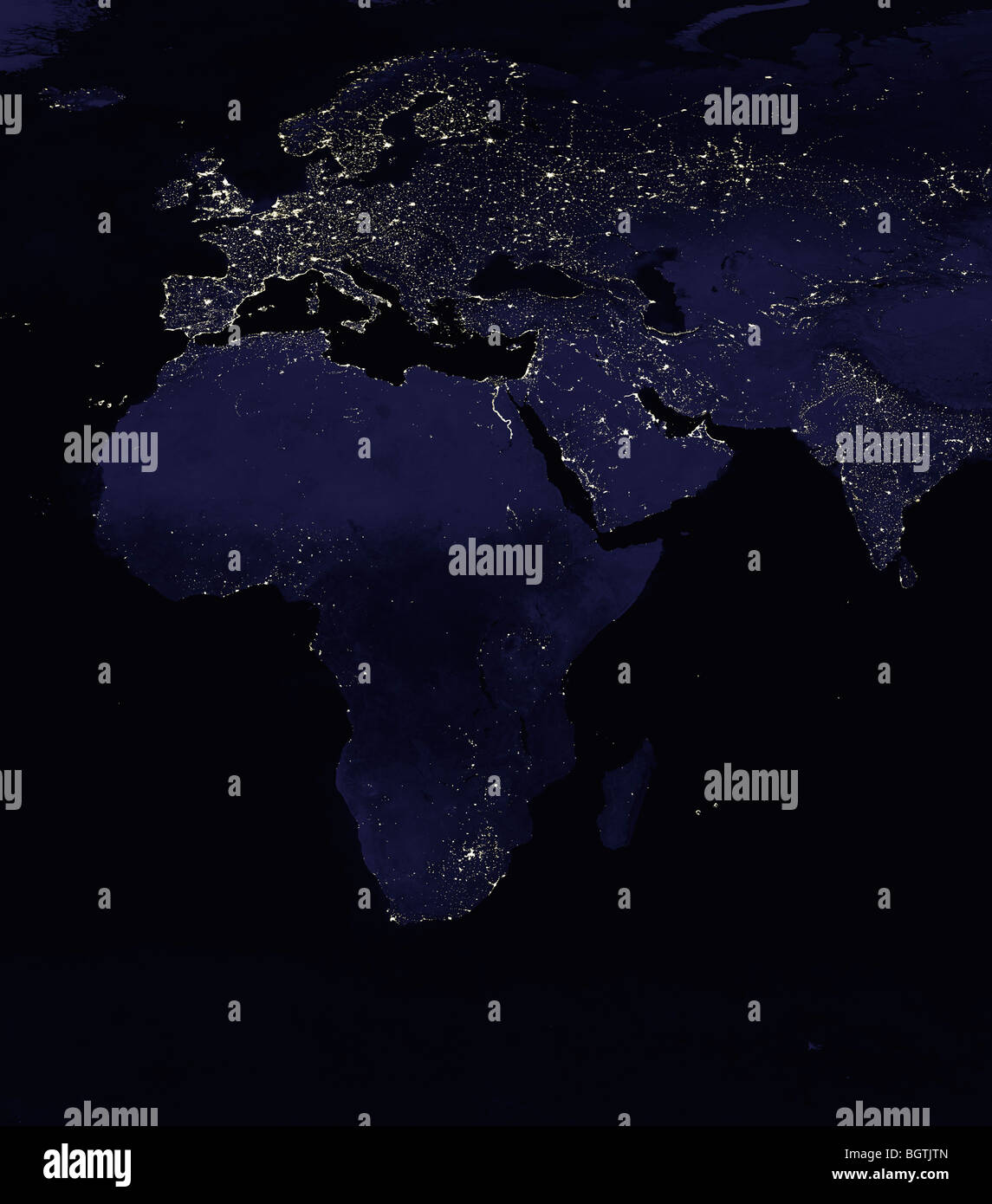 Lights at night showing population density and economic development Europe, Africa, Middle East