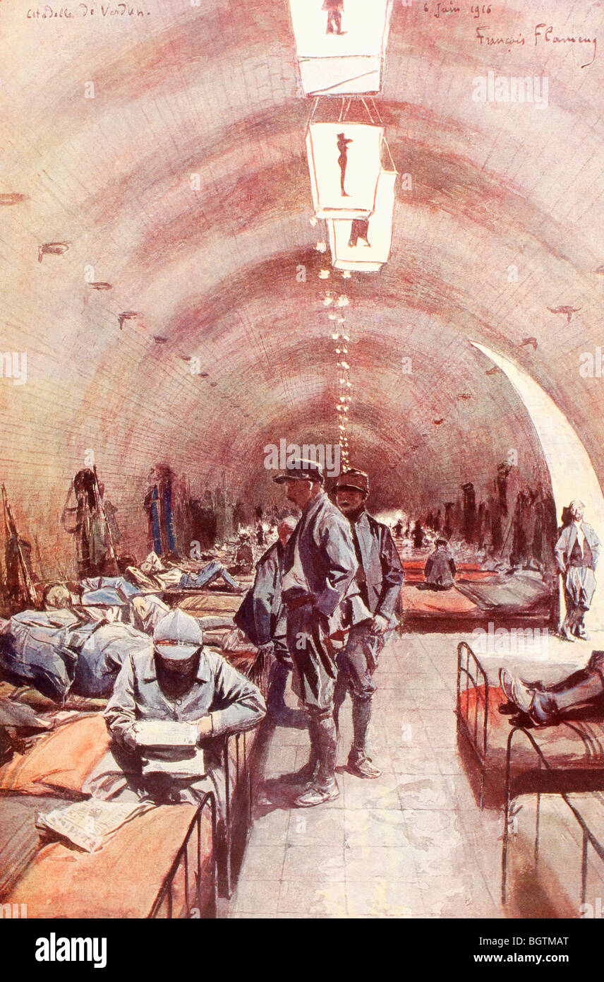 Troop dormitory in the casemates of Verdun during the First World War battle. Stock Photo
