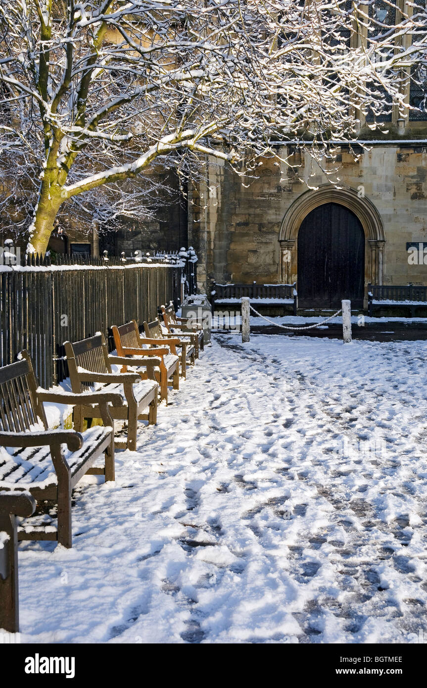 Row of wooden benches in front of the Minster Library in winter weather York North Yorkshire England UK United Kingdom GB Great Britain Stock Photo