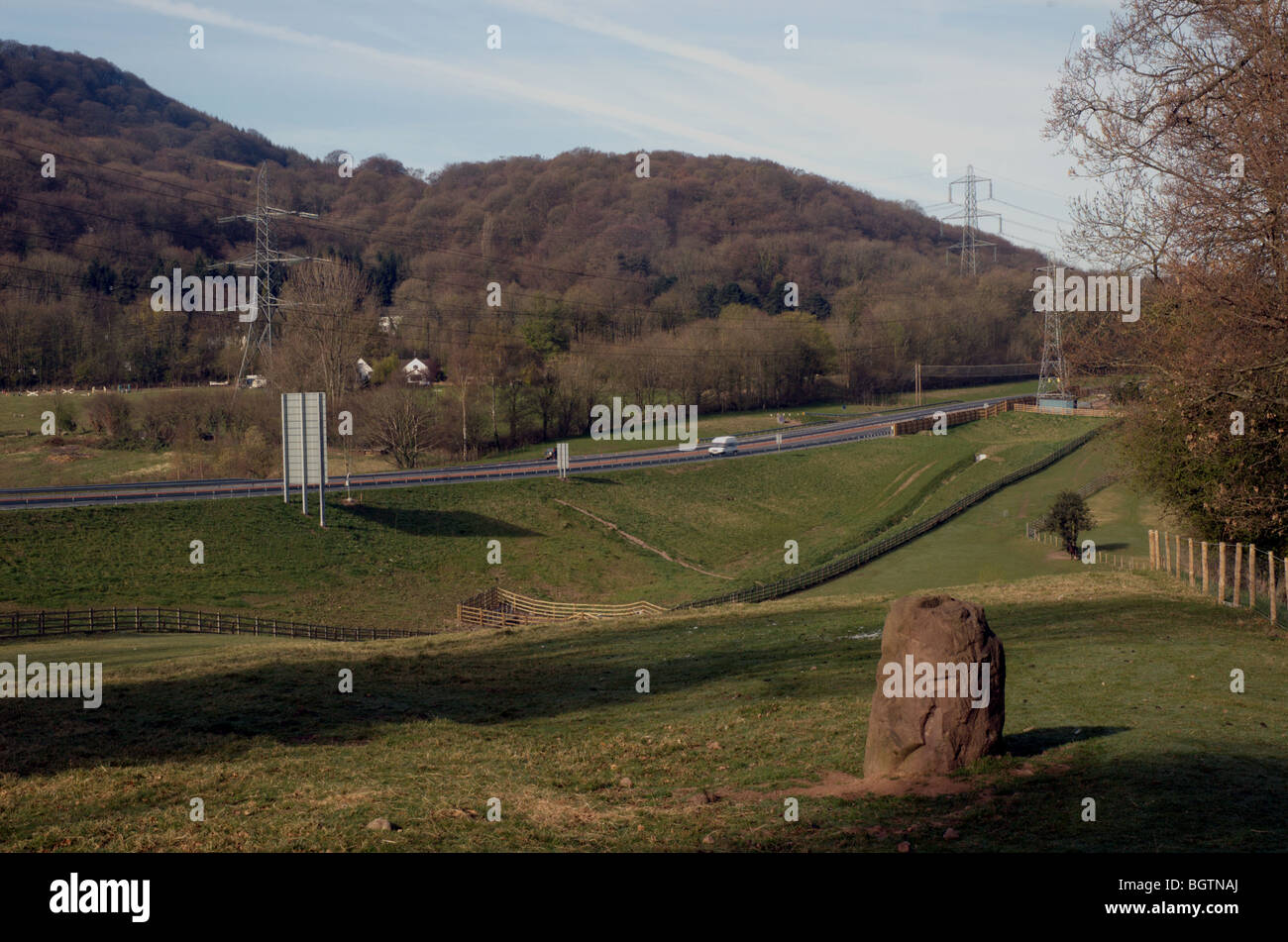 Newly widened section of the Heads of the Valleys road near Abergavenny with the lower slopes of the Blorenge Stock Photo