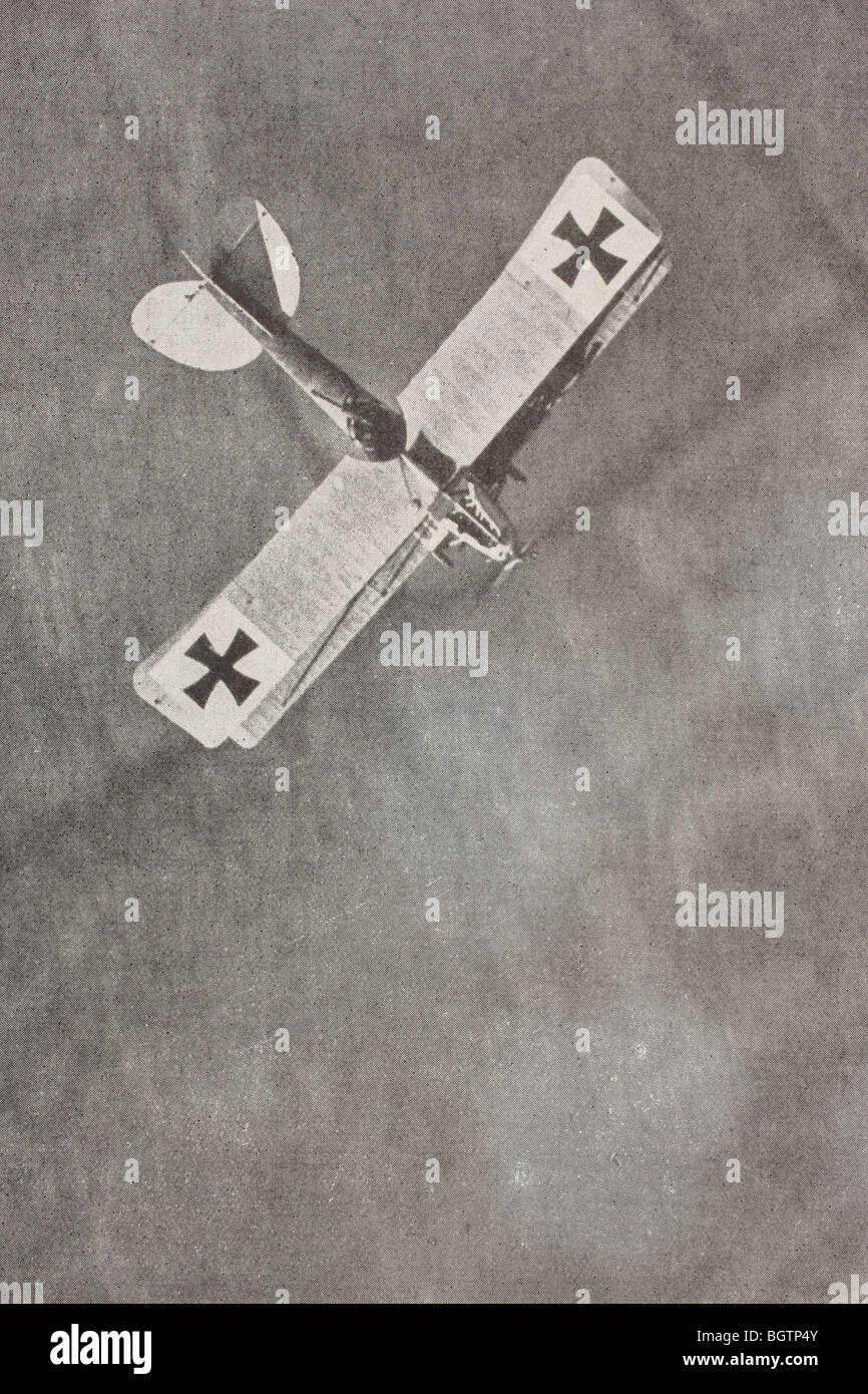 A German aeroplane in flight photographed from above over the Western Front. Stock Photo
