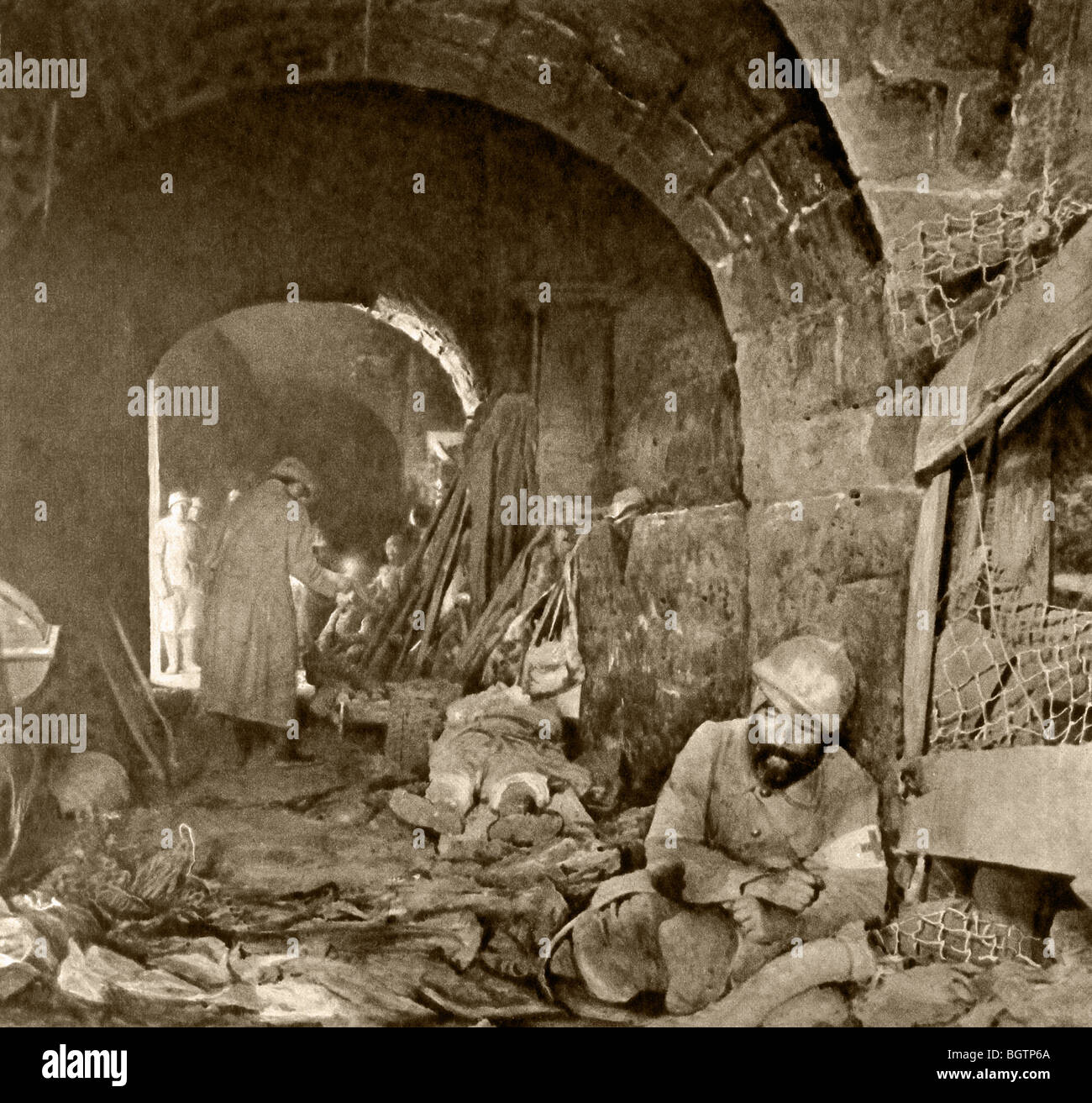 Scene inside Fort de Vaux, Verdun, after it was retaken from the Germans. Wounded soldiers. Stock Photo