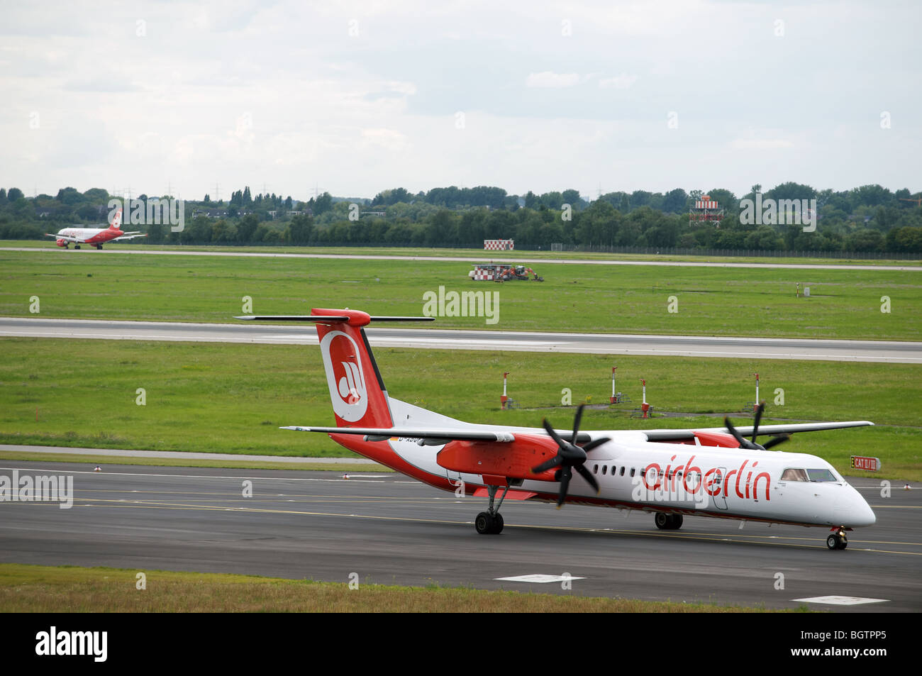 Air Berlin Bombardier Q400 turbo prop passenger airliner, Dusseldorf International airport, Germany. Stock Photo