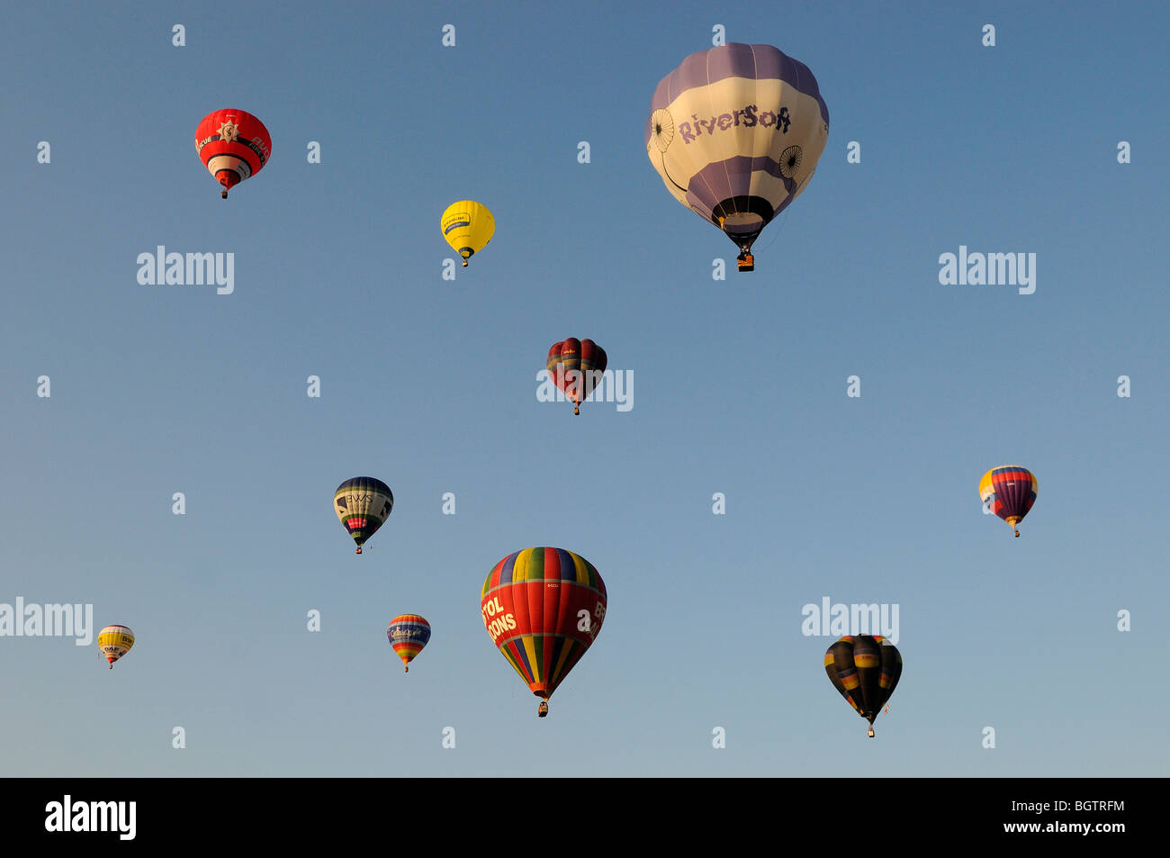 Group of Hot Air Balloons in flight, Bristol 2009, UK. Stock Photo