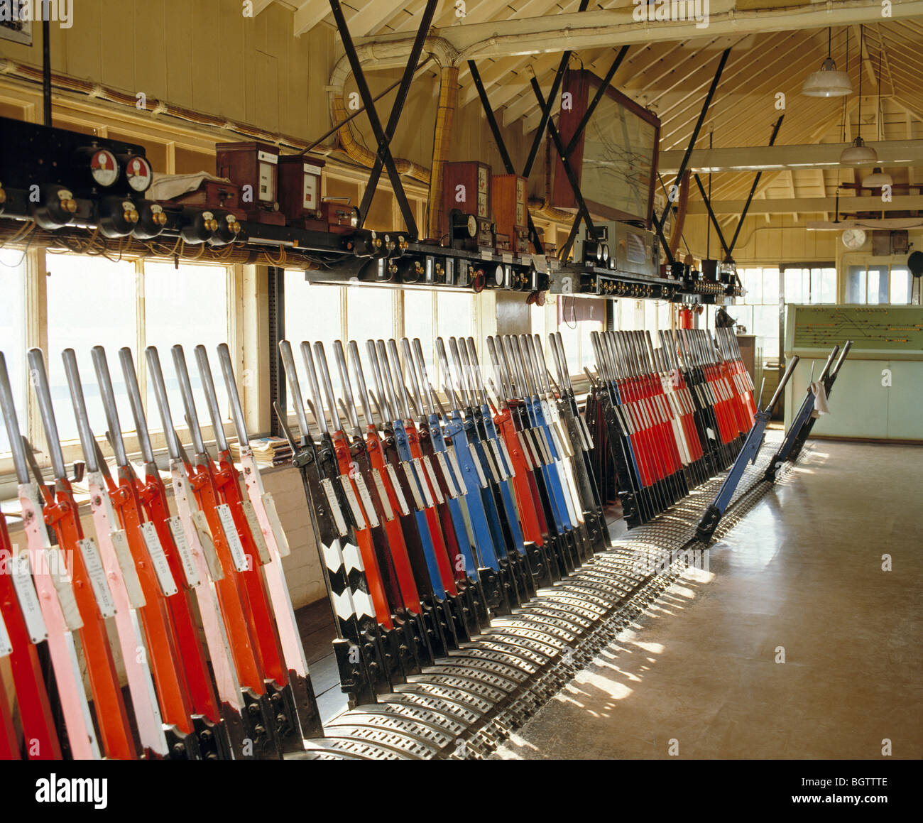 Lever frame in old signal box in early 1980s, Westbury, Wiltshire, England, UK Stock Photo