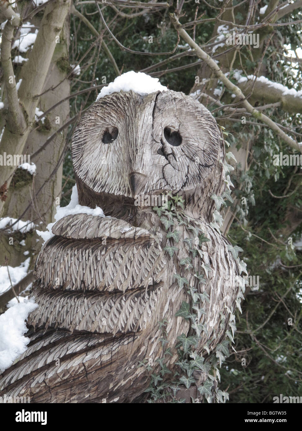 Owl carved out of a tree by chainsaw artist Tim Burgess Stock Photo