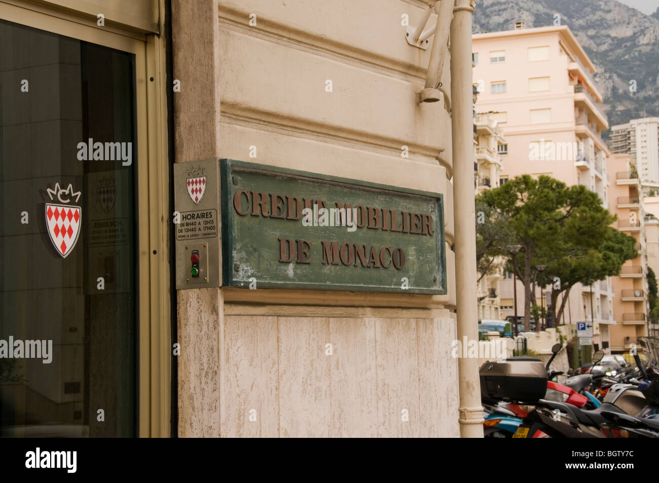 Monaco, Monte Carlo, "Credit Mobilier de Monaco" Bank Building, Detail Plaque sign outside building Stock Photo