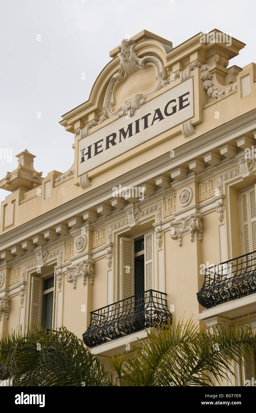 Monte Carlo, Monaco, Luxury Travel, Hermitage Hotel, Architectural Detail, Front Sign, exterior Stock Photo