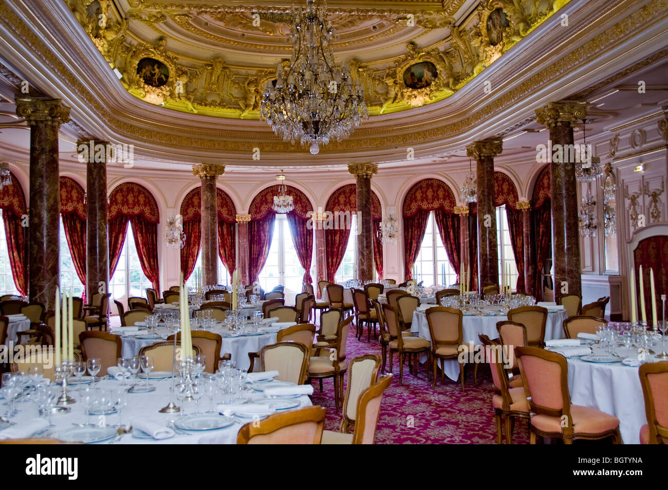 Monte Carlo, Monaco, Luxury Travel, Hermitage Hotel, Inside French fancy restaurant Dining Room Stock Photo