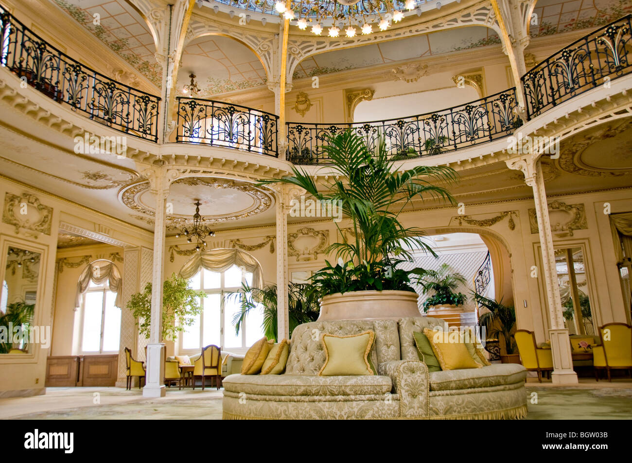 Monte Carlo, Monaco, Luxury Travel, Hermitage Hotel, Inside Atrium, Winter garden, Designed by Eiffel, fancy hotel interior Stock Photo