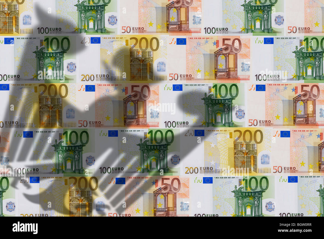 Shadow of the German federal eagle on euro notes, symbolic image for taxes Stock Photo
