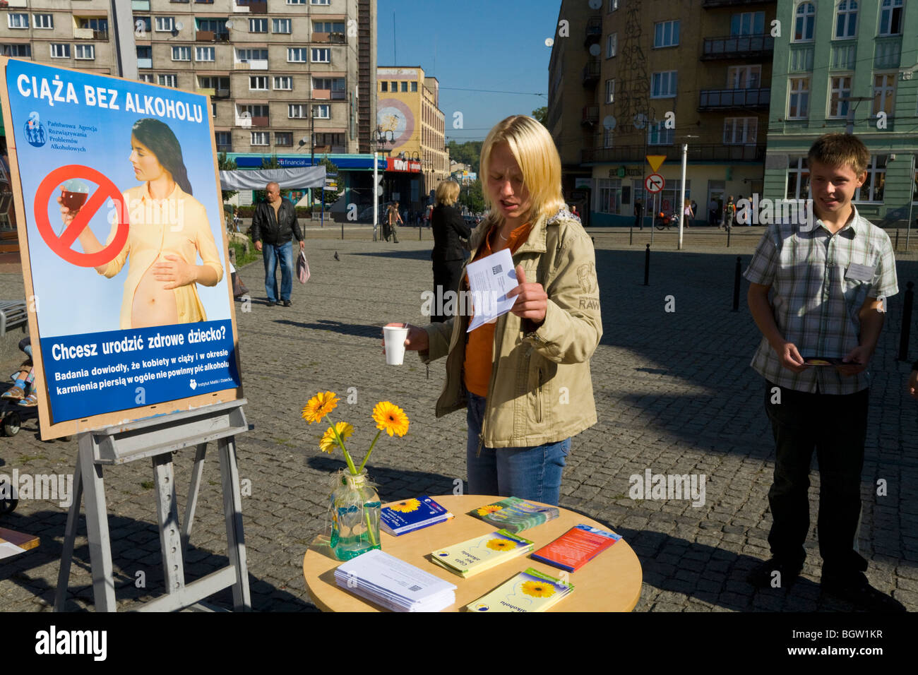 Public information / health advice roadshow to cut alcohol consumption by pregnant women in the town centre of Zabrze. Poland. Stock Photo