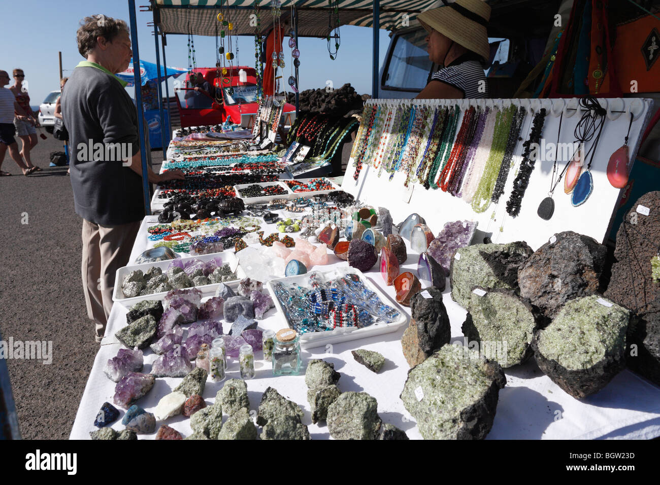 Stall selling olivine and other gemstones, Lanzarote, Canary Islands, Spain, Europe Stock Photo