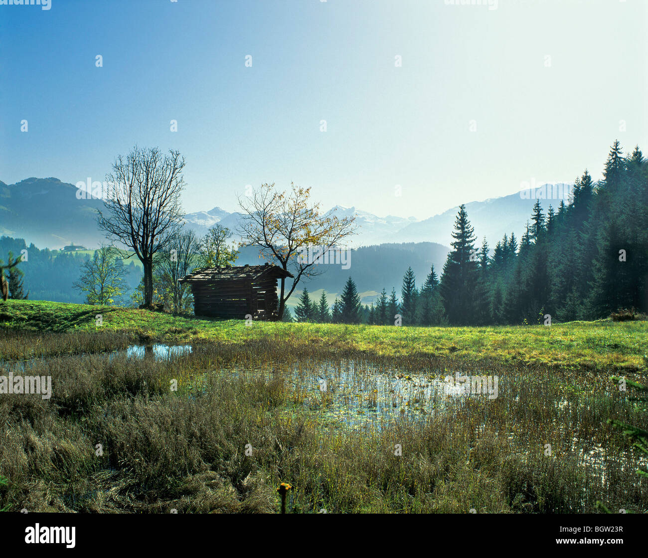 Kaiser mountain range seen from the valley of the Pillersee Ache, Tyrol